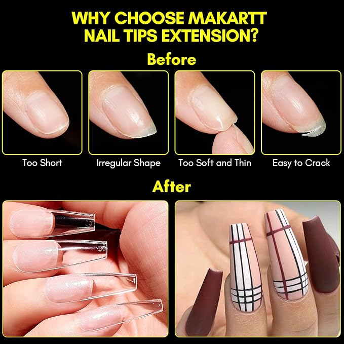 Makartt Coffin False Nail Tips: 500pcs Long Pre-buffed Full Cover Clear Press on Acrylic Nails Extension 10 Sizes No Crease Soak Off Soft Gel Fake Tip with Box Home DIY