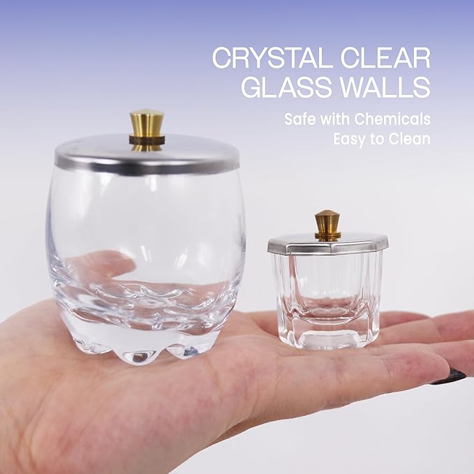 Beauticom Crystal Glass Dappen Dish for Acrylic Nail Dip Powder, Monomer, and Nail Polish Remover (Octagon Shape w/Stainless Steel Lid, 4 Pieces)