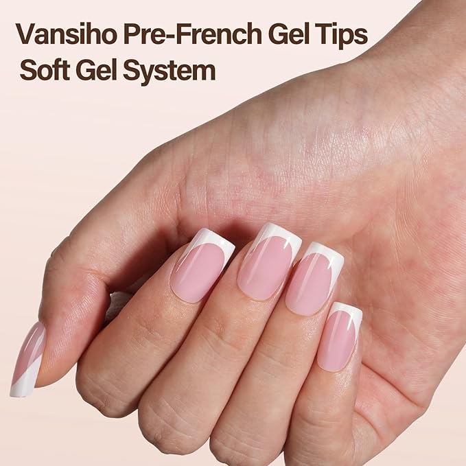 150Pcs French Gel Nails, Vansiho French Tip Press on Nails Pink, Short Square Soft Gel Nails, Acrylic Fake Nails for Nail Art DIY 15 Sizes