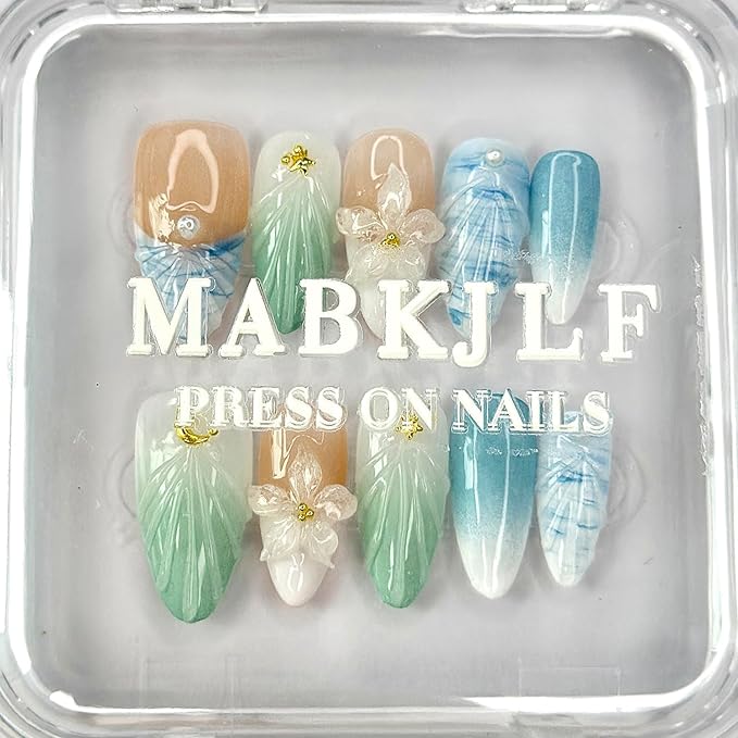 Luxury Press on Nails Medium Almond French Tip Handmade 3D Unique Reusable ABS Material Fake Nails Blue False Nails with Designs Pearls Floral Art Petal Glossy Glue on Nails Thick Acrylic Nails(S)