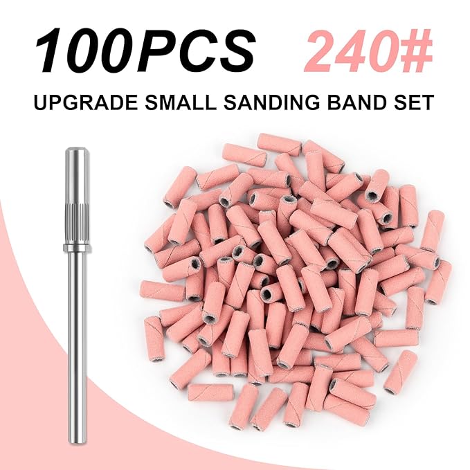 Rolybag 100pcs Small Sanding Bands Nail Drill Bits 240 Extreme Fine Grit Nail File Sanding Bands with 3.1mm Mandrel Bit for Acrylic Nails Gel Removing Shaping Professional Manicures and Pedicure, Pink