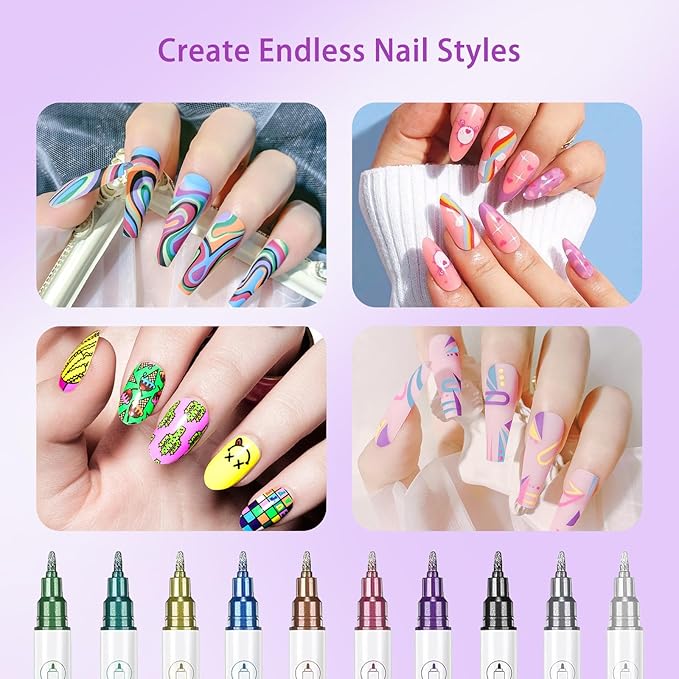 10 Colors Nail Art Pens Set, Metal Giltter 3D Nail Marker Double-ended Nail Point Dotting Pen,Drawing Painting Liner Brush for DIY Nail Manicure Tools for Home Salon Beginners (10 Colors - A)