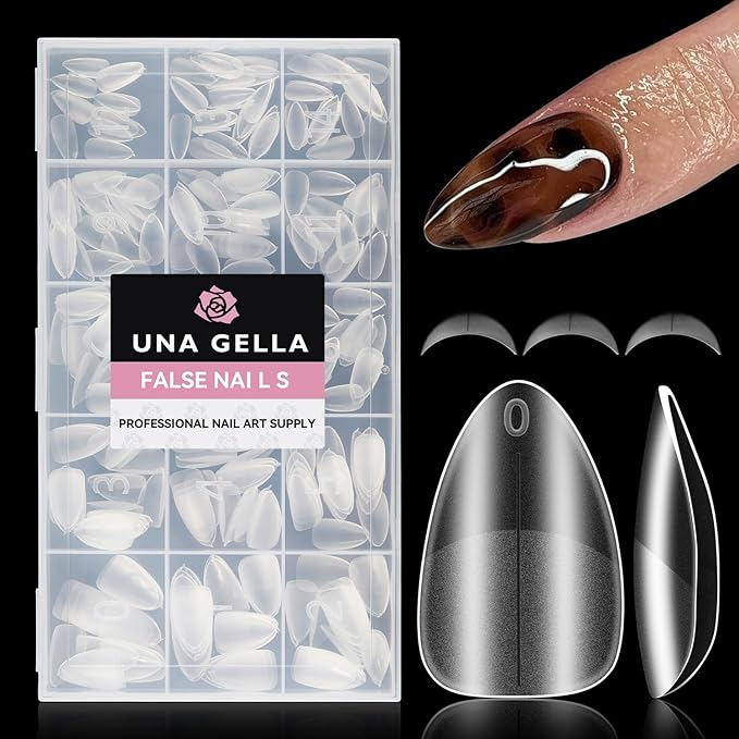 UNA GELLA Short Almond Nail Tips, 312Pcs Pre-file Inner & Full Matte Surface Short Almond Nail Tips, 15 Sizes No C Curve Soft Acrylic False Nails for Nail Extension