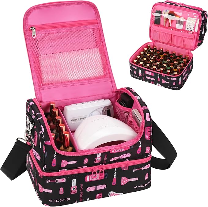 Nail Polish Organizer Case - Holds 45-90 Bottles & UV Nail Lamp, Nail Tech Organizers And Storage Bag for Nail Supplies & Manicure Kit & Pedicure Tools, Nail Technician Case (Cartoon Black, 45 Slots)