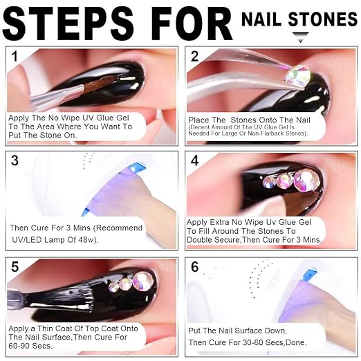 Nail Art 8mlx2 NO WIPE Rhinestone Glue Gel (LED Light Cure Needed) with Cosmetic Pencils Adhesive Gem Jewelry Diamond Beads Stone Gel Nail Polish Clear With 3 Brushes Tools + Pickup Pen + Tweezer