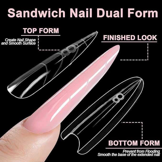 Allstarry Sandwich Dual Nail Forms, Reusable Sandwich Dual Forms 240pcs 15 Sizes Almond Pointed Nail Extensions Plastic Poly Gel Nails Forms for Builder Gel No Paper Forms Need Moldes Dual Nails Mold