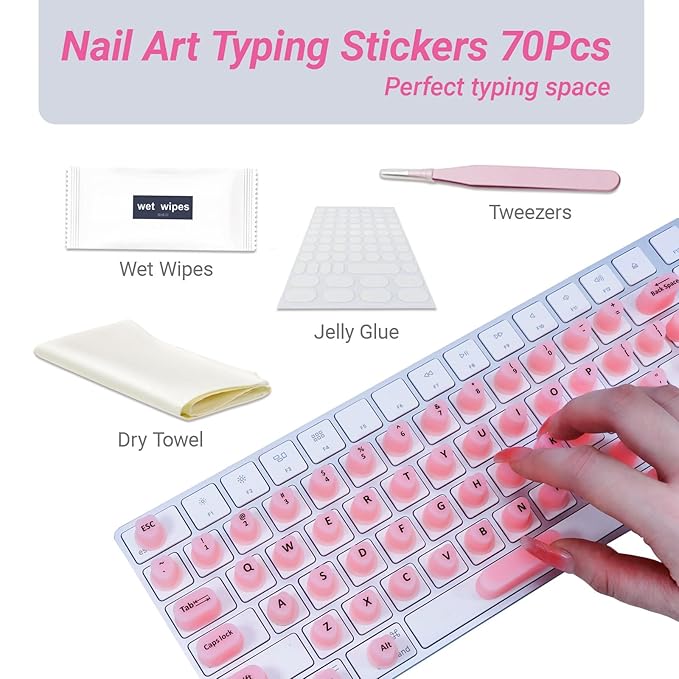 Raised Keyboard Stickers for Long Nails with Letters - Heart-Shaped Antistatic Silicone Protective Cover with Tweezers, Wet Wipes, Dry Towel & Jelly Glue, Ideal for Typing, Gaming & Nail Art (70 Pcs)