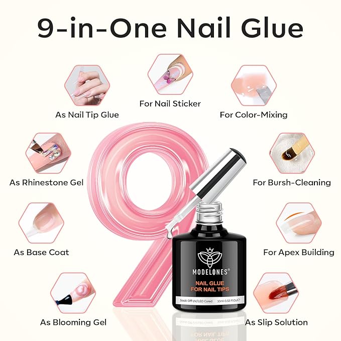 modelones Medium Oval Gel Nail Tips Kit, 9-in-One Nail Glue with Portable U V Lamp 216Pcs 12Sizes Pre-Etched Round Press ons Fake Acrylic Extension Kit DIY Salon Gift for Women