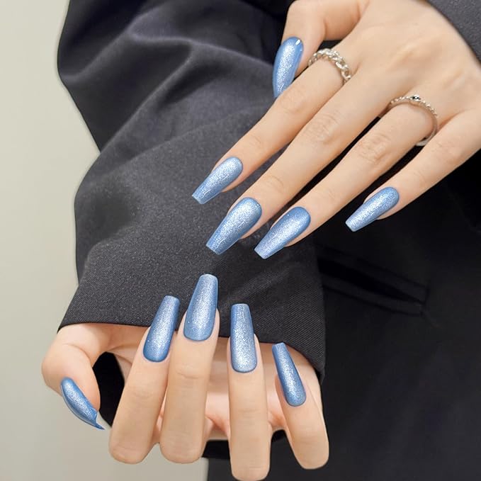 Blue Cat Eyes Press On Nails,12 Sizes-24 Pcs Soft Gel Medium Coffin Fake Nails Kit with Nail Glue, Natural Reusable Stick On False Nails for Women and Girls (Skycloud Blue Nails) SK0981