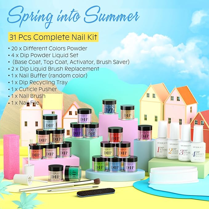 AZUREBEAUTY 31 Pcs Dip Powder Nail Kit Starter, Spring Summer 20 Colors Glitter Neon Pink Blue Green Dipping Powder Liquid Set with Top/Base Coat Activator for French Nail Art Manicure DIY Salon Gift