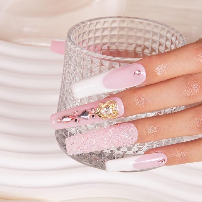 LOVFUL Press on Nails Sweet Elegance| Handmade with Full Covered Crystals| Reusable Fake Nails| Square Mid length 1.7in| H34-L