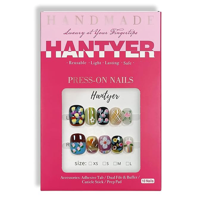 Colorful Hand-Painted Floral Press on Nails - Sweet Oil Painting Style Short Squoval Glossy Fake Nails, Reusable Elegant Vintage False Nails for Women Fall Winter Season Party, Size XS