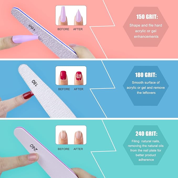 MORGLES Nail File Buffer, Professional 12 Pcs Emory Nail File and Buffer for Acrylic/Natural/Gel Nails (100/150/180/220/240/280/1000/4000 Grit)