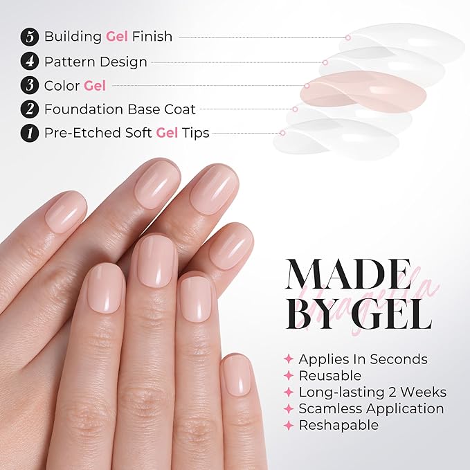 UNA GELLA Short Round Press on Nails - 32Pcs 16 Sizes Oval Nude Pink Fake Nails, Glossy Reusable Glue on Nails for Women, Durable Natural False Nails Kit for Small or Wide Nail Beds