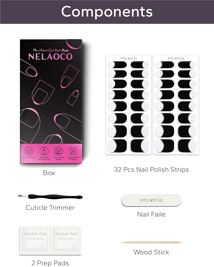 Nail Polish Strips – 32PCS UV Free Salon Quality Wraps, Long Lasting Gel Nail Stickers for Women (French Luxe Black)