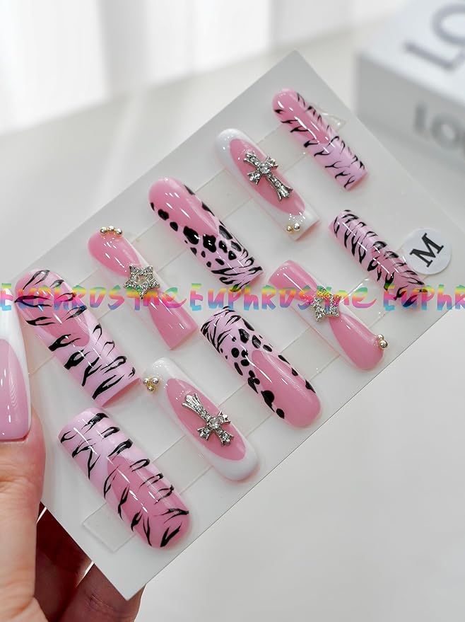 Euphrosyne Punk Y2K Press On Nails – Long Coffin Nails in Pink with Leopard & Zebra Prints, Cross Charms & Star Accents | 10pcs Glam Fake Nails for Teens and Women, Bold Nail Art for Party or Selfie
