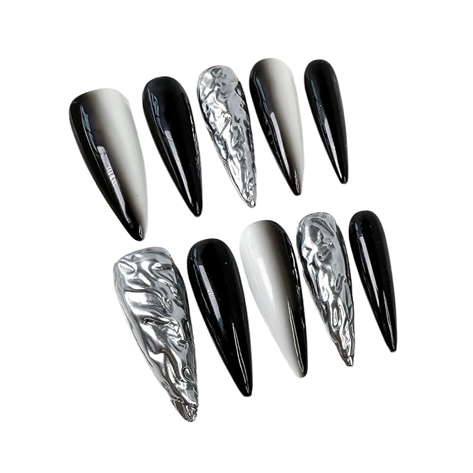 10Pcs Handmade Press on Nails Long Stiletto Glue on Nails Black White Ombre Fake Nails with 3D Swirl Designs False Nails Chrome Acrylic Nail Sparkly Stick on Nail for Women (Size M)