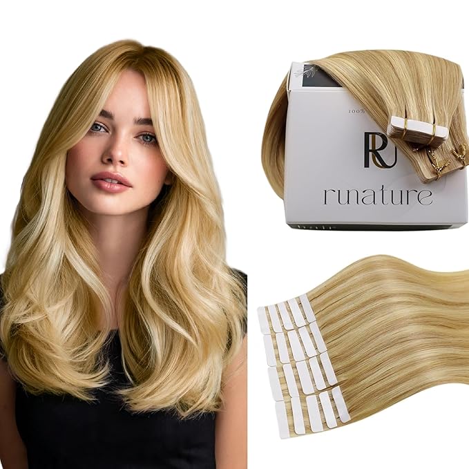 RUNATURE Blonde Tape in Hair Extensions Human Hair 18 Inch Tape in Extensions Real Hair Seamless Tape ins Human Hair Extensions Blonde Highlights Silky Remy Hair Natural Looking 50g 20pcs