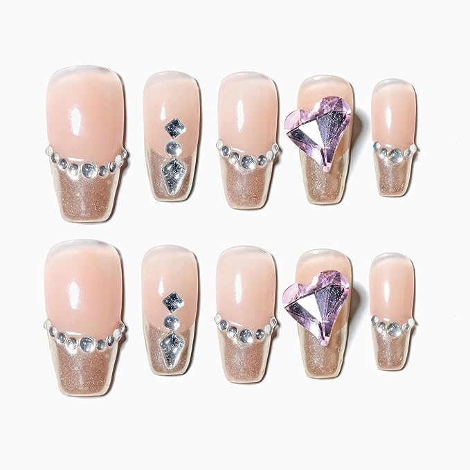 Sun&Beam Nails Handmade Press-on Medium Long Coffin Ballerina Nude Gold French Rhinestone Design False Nail Tips 10 Pcs (#136 XS)