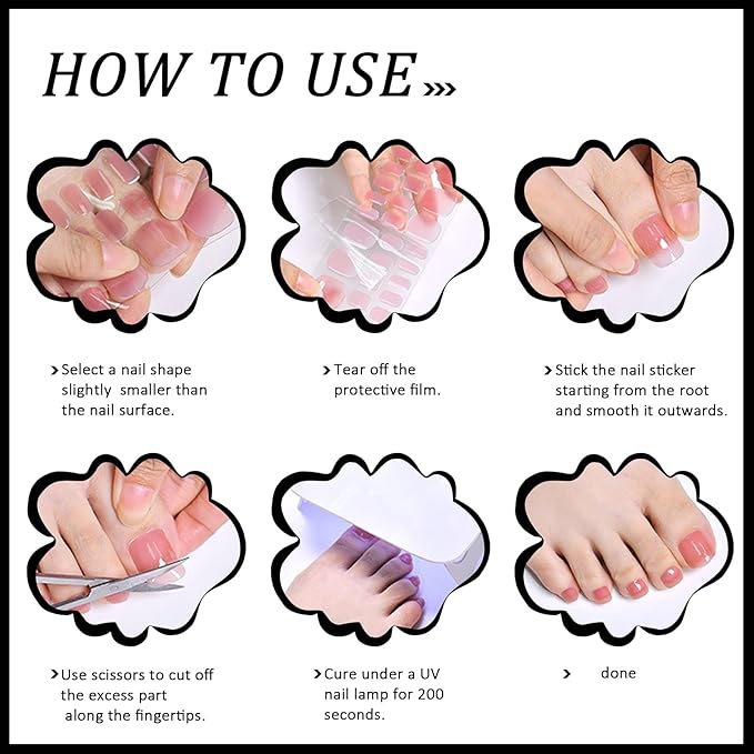 WOKOTO Semi Cured Gel Nail Strips For Toenails, 16 Size 32 Tips Black Glitter design Toe Nail Polish Strips With Nail File & Wooden Stick, Works With Lamps, Salon-Quality, Long Lasting, Easy To Use