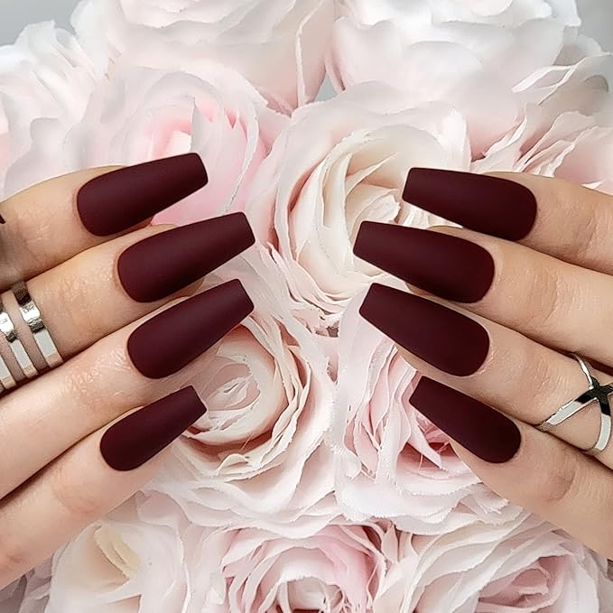Hypnaughty 24 Pcs Maroon Xtreme Red Matte Coffin Press on Nails with Glue Medium Long Fake Nails Full Cover (Maroon Xtreme)