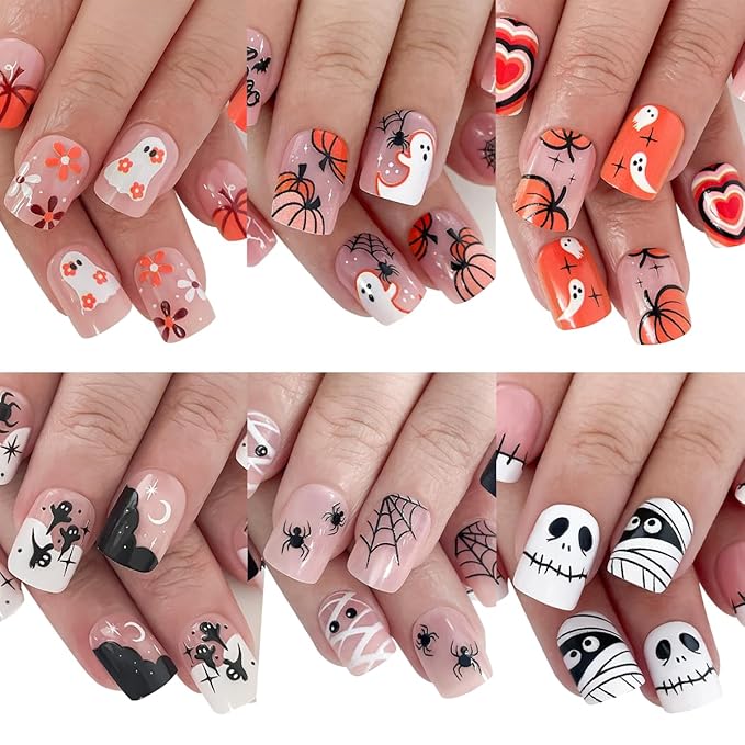 6 Packs (144 Pcs) Halloween Press on Nails Short Square Fake Nails with Designs Pumpkin Ghost Spider Glue on Nails Full Cover Glossy Acrylic Stick on Nail for Women Girls Manicure
