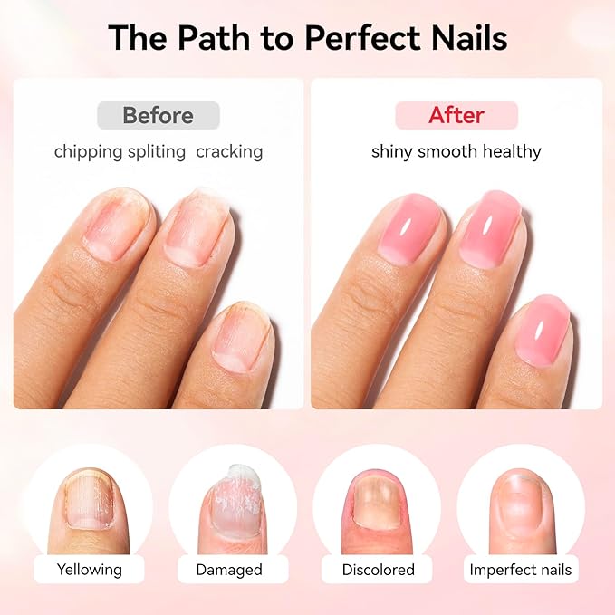 Illuminating Nail Concealer Sheer Pink Ridge Filler Base Coat 4-in-1 Brightening Nail Polish Foundation Perfector & Growth Nail Strengthener for Damaged, Yellowing Nails,15ml Quick Dry