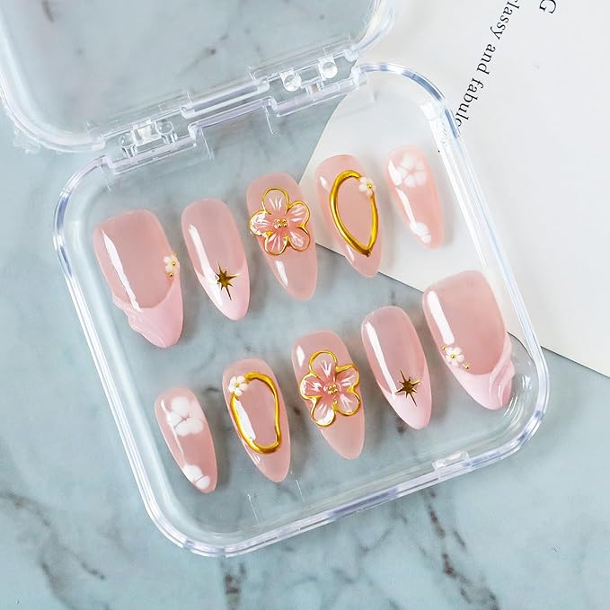 Handmade Press on Nails Medium Almond Fake Nails with 3D Gold Embossed & Flower Design Salon Quality Thickened Acrylic False Nail Full Cover Pink French Tips Stick on Nail for Women（Size M）