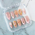Handmade Press on Nails Medium Almond Fake Nails with 3D Gold Embossed & Flower Design Salon Quality Thickened Acrylic False Nail Full Cover Pink French Tips Stick on Nail for Women（Size S）
