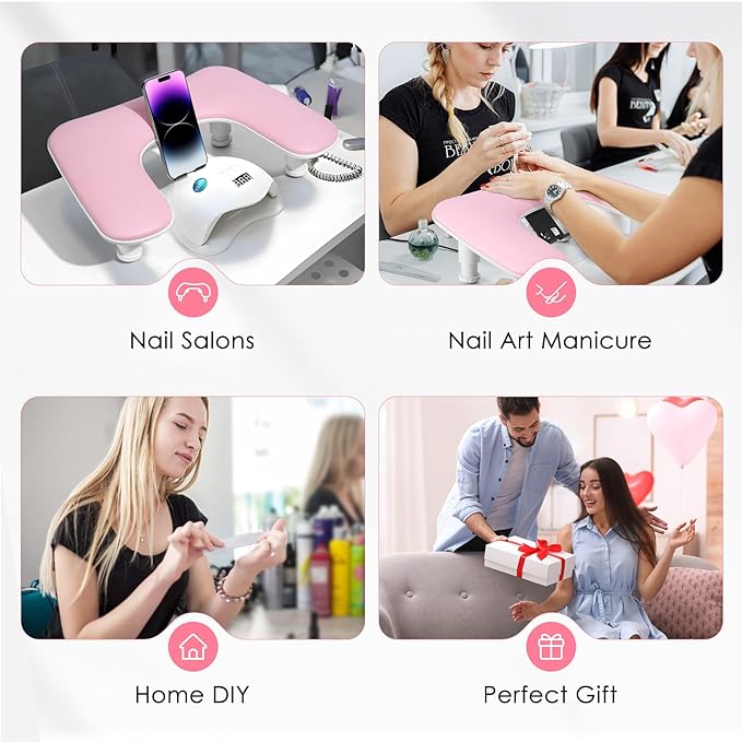 Arm Rest for Nails Tech: 3rd Generation Manicure Nail Arm Rest with Rotating Phone Stand, U-Shaped Height Adjustable Hand Rest Pillow for Acrylic Nails Pink