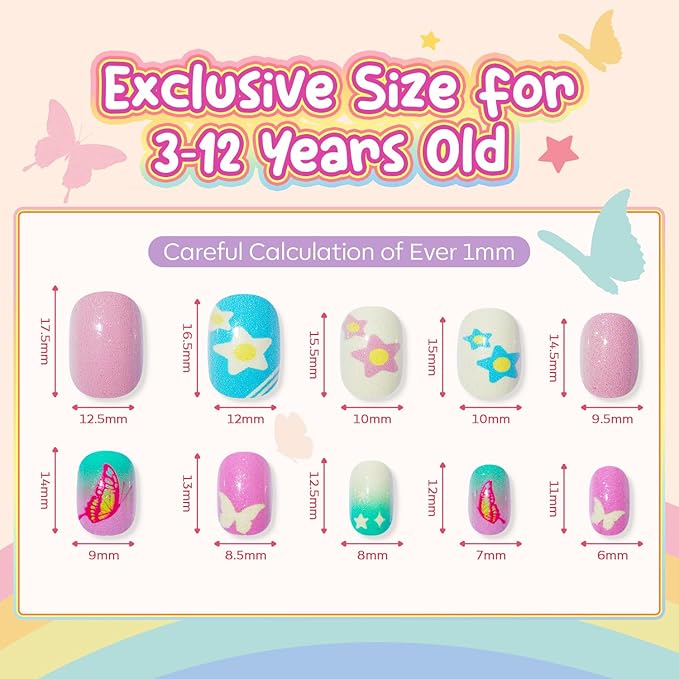 Modelones Press on Nails for Kids 144Pcs 6 Pack Children Acrylic Fake Nails Pre-glue Full Cover Glitter Color Starts Unicorn Butterfly False Nail Kits Sets Thanksgiving Christmas Gifts for Girls