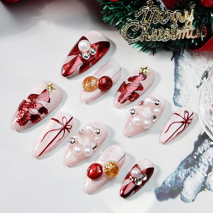 10Pcs Christmas Handmade Press on Nails Medium Almond Fake Nails with Red Xmas Trees Bow Design 3D Star Pearl False Nails Full Cover Artificial Glue on Nails Winter Santa Stick on Nail for Women DIY