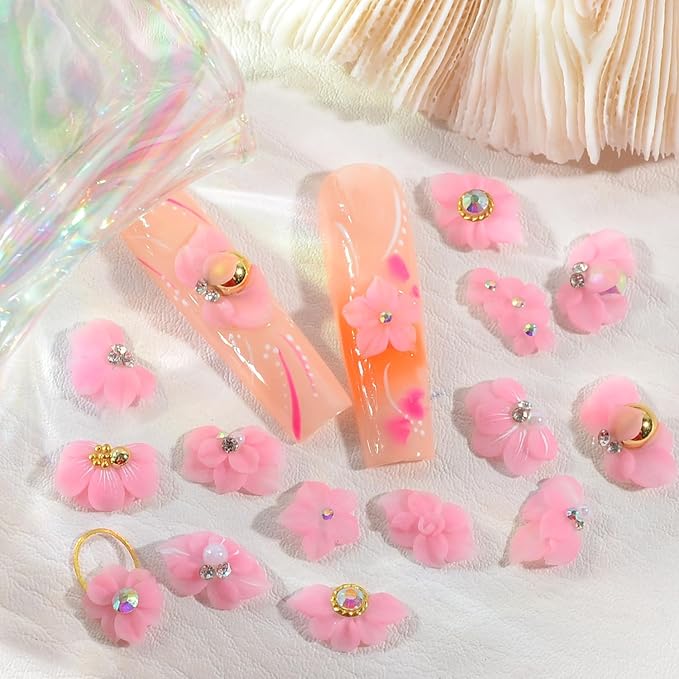 30PCS 3D Handmade Flower Nail Art Charms Advanced Handcrafted Cherry Blossom Flower Colorful Sculpted Floral Nails with Rhinestone Caviar Beads Design for Women Profession Nail Art Craft Jewelry