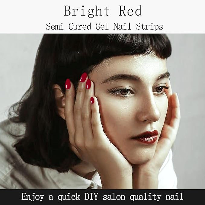 Bright Red Semi Cured Gel Nail Strips 20Pcs Gel Nail Stickers UV/LED Light Needed Gloss Nails Polish Strips Full Polish Nails Wraps for Women Includes Prep Pads, File, Wooden Cuticle Stick