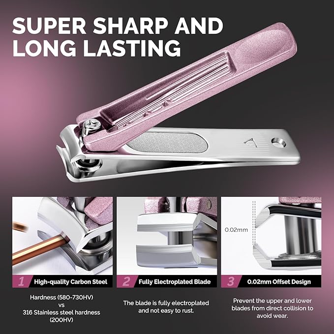 MelodySusie Nail Clippers Set 4 in 1, Ultra Sharp Toenail Clippers with Glass Nail File Cuticle Scissors, Stainless Steel Nail Clippers for Women, Fingernail Clipper Cutter Manicure Set Gifts, Pink