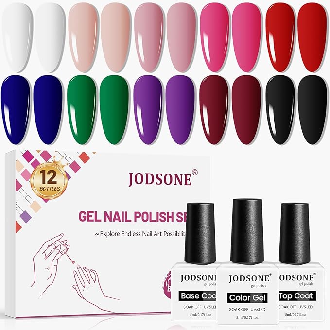JODSONE 12 Bottles Christmas Gel Nail Polish Set Base Coat Glossy Top Coat Fast Drying Long Lasting Soak Off Wipe Free