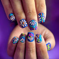 3D Flower Press on Nails Short Square Fake Nails with White Daisy Designs Blue False Nail Spring Summer Floral Stick on Nail for Women 24Pcs