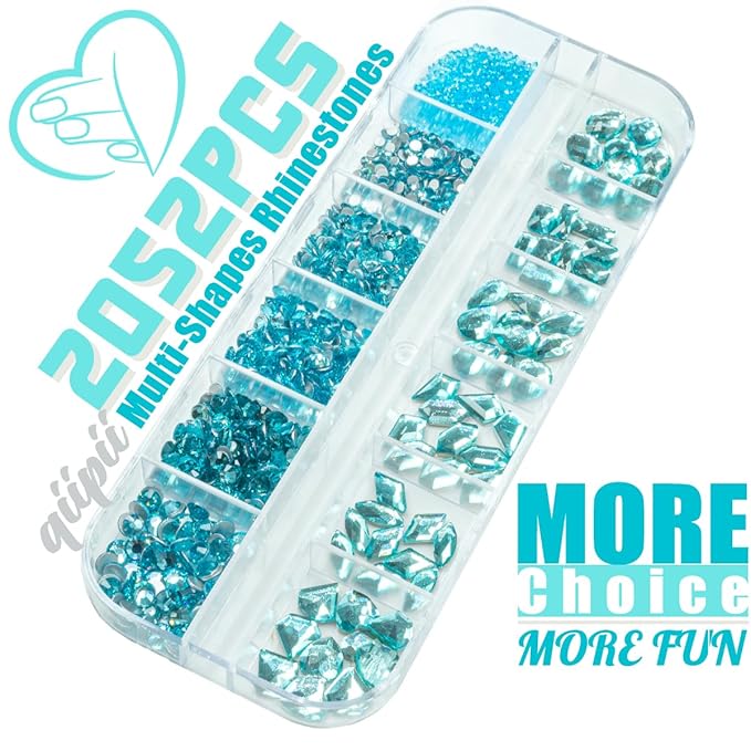 2052Pcs Aquamarine Nail Rhinestones Water Blue Diamonds 72 Multi Shapes Big Gems +1980 Flatback Round Beads K9 Glass Lakeblue Crystals Jewels Nail Art Charms for Nails Faces Eyes Makeup Women