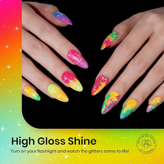 beetles Glitter Gel Nail Polish Set - Neon Carnival 6 Colors Reflective Glitter Gel Polish Set Pink Green Purple Blue Spring Bright Sparkly Gel Nails Soak Off Uv Led Salon Easter Gift for Women