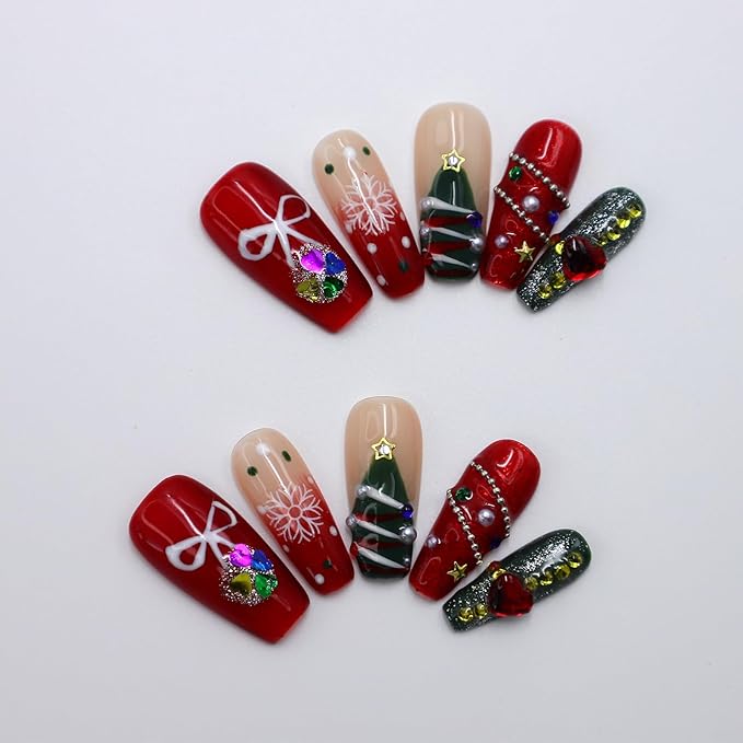 10Pcs Christmas Coffin Press on Nails Handmade Fake Nails with 3D Love Rhinestone Pearl Design Red Green Christmas False Nails Handmade Acrylic Nails Press ons Christmas Tree Nail for Women (S)