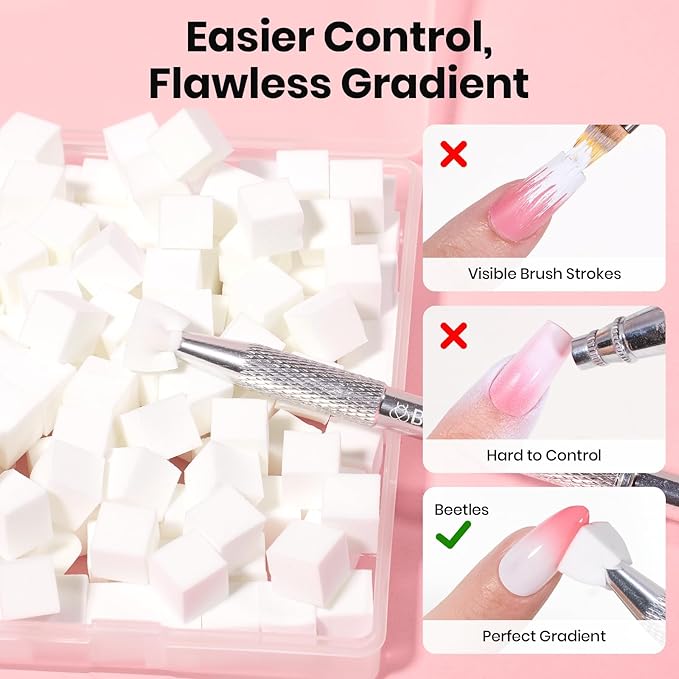 Beetles 150Pcs Soft Nail Sponges for Ombre, White Nail Sponge with Grabbing Pen, Pink Pat Painting Gel Polish Kit for Gradient Ombre Blush Chrome Design Nails Art Tools, Home DIY Salon Manicure