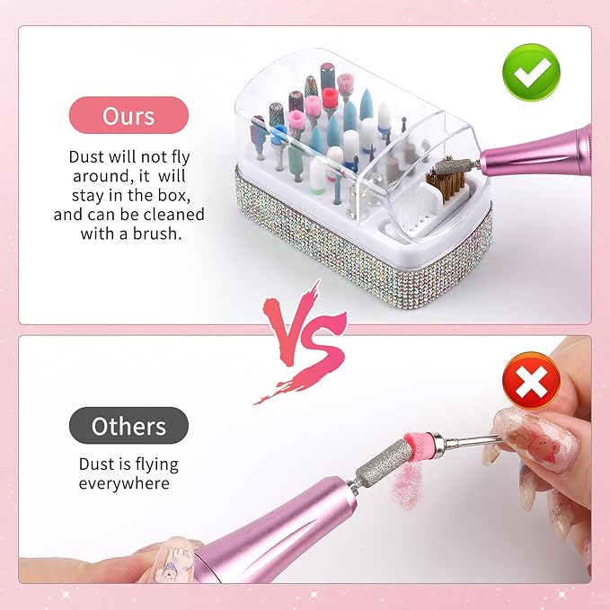 2 in 1 Nail Drill Bits Holder & Cleaning Brush Case,30 Holes Dustproof Nail Art Drill Bits Stand Display Storage Box and Nail Drill Bits Cleaner Manicure Tools Shiny (Multicolor)