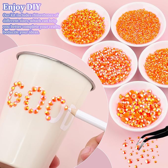 25000Pcs Resin Rhinestones with Tweezers for Crafting, Orange AB 2-6mm Mixed Sizes Non Hotfix Flatback Gems, Bedazzling Crystal for DIY Craft Clothing Mugs Tumblers Shoes Fabric Decor Nail Art