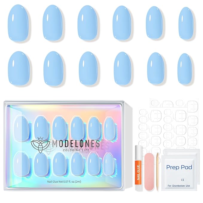 modelones Blue Short Press on Nails, Oval Fake Nails Kit Press Ons with Nail Glue, Adhesive Tabs, Nail File, Prep Pad, Manicure Stick, 32Pcs 16 Sizes, Spring Women Girl Gift