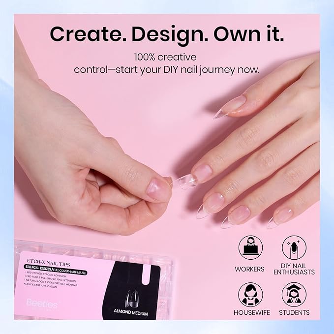 Beetles Gel Nail Tips Etch-X - Almond Medium, 576pcs 12 Sizes, Pre-Etched Half Matte Full Cover Soft Acrylic False Nail Tips Clear Press on Easy DIY Extension Salon Gift for Women