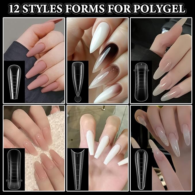 288Pcs Polygel Nail Form Kit 12 Style 12 Sizes Reusable Nail Extension Mold Dual Forms with 6Pcs Nail Clips, Nail Slip Solution, Brush Pen, Nail File & Cuticle Pusher for Beginners