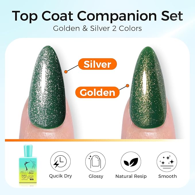 Glitter Gel Top Coat Set, Silver & Gold No Wipe Top Coat Gel Polish, 2 x 15ml Soak Off UV LED, Long Lasting Glitter Gel Nail Art for Home Salon Manicure & Pedicure