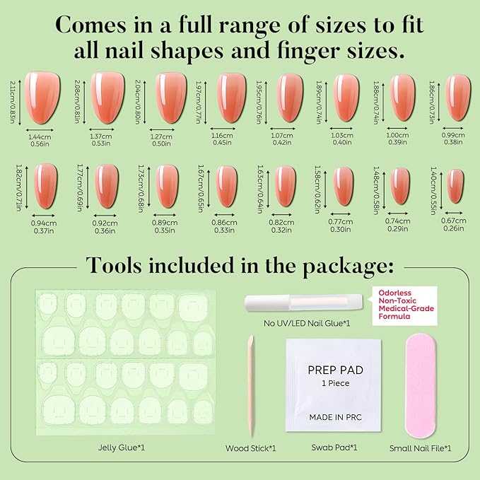 Luxbon Short Almond Durable Press On Nails with No-Cure Nail Glue and Tool Kit – Chrome Soft Gel Tips 25-30pcs Full Size Set, Reusable Fake Nails for Women, Stick On Nails, Tomato