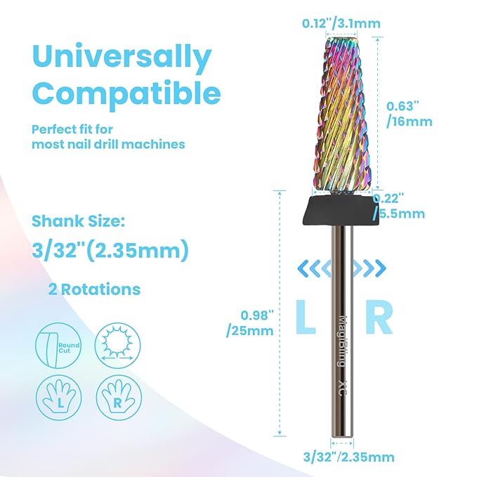 XC 5 in 1 Nail Drill Bits, 16mm Tapered 3/32'' Professional Tungsten Carbide Bits for Efile, 2 Rotation for Electric Drill, Remove Thick Gel Acrylic Fast, Technicians Bits, Extra Coarse