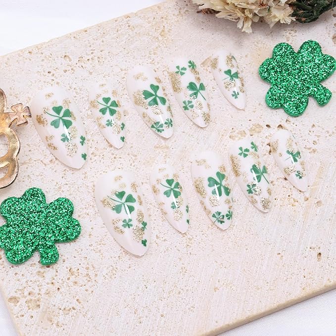 24Pcs St. Patrick's Day Press on Nails Medium Almond Fake Nails Lucky Clover Full Cover Spring False Nails Glitter Gold Acrylic Nails Irish Shamrock Glue on Nails Glossy Artificial Stick on Nails Set